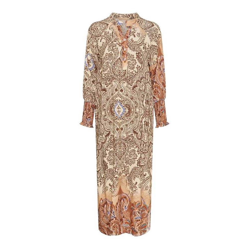 Marta Mandarin Collar Border Print Beige Dress - Friedman & Cohen