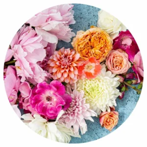 Floral Pink Peony And Dahlia Bouquet On Blue Round Placemat